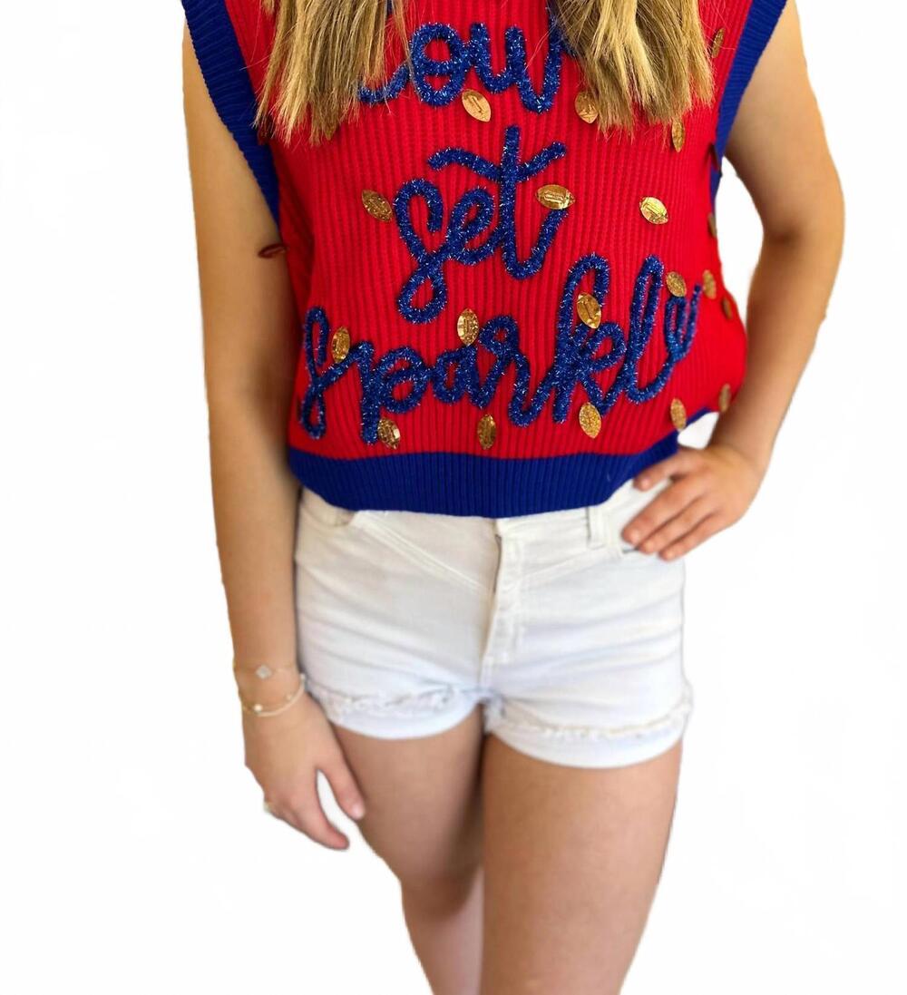 NEW QUEEN OF SPARKLES down set sparkle vest in red / royal